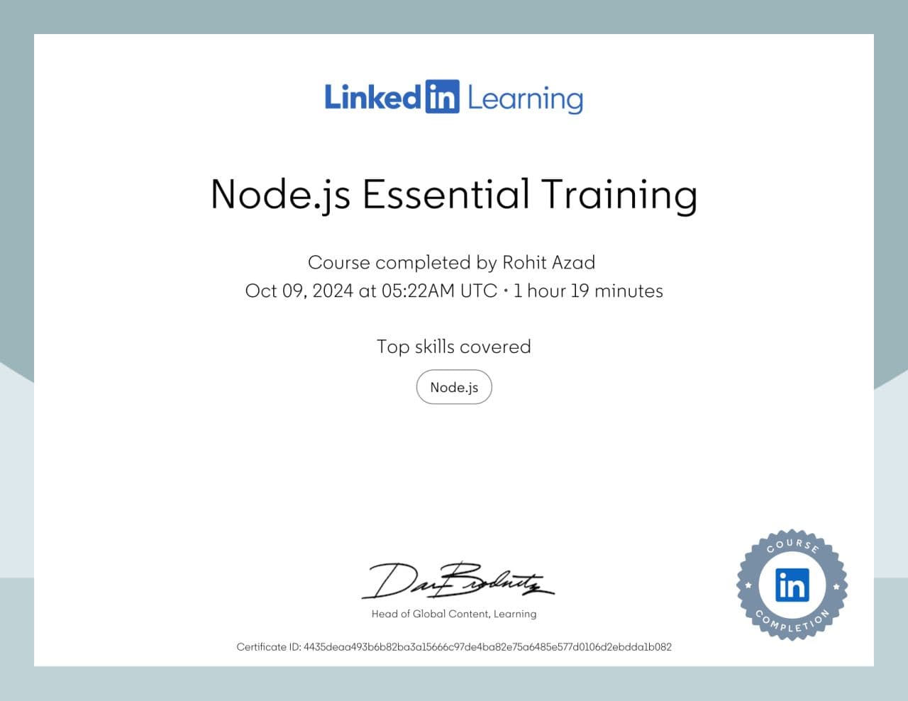 Node.js Essential Training certificate from LinkedIn Learning