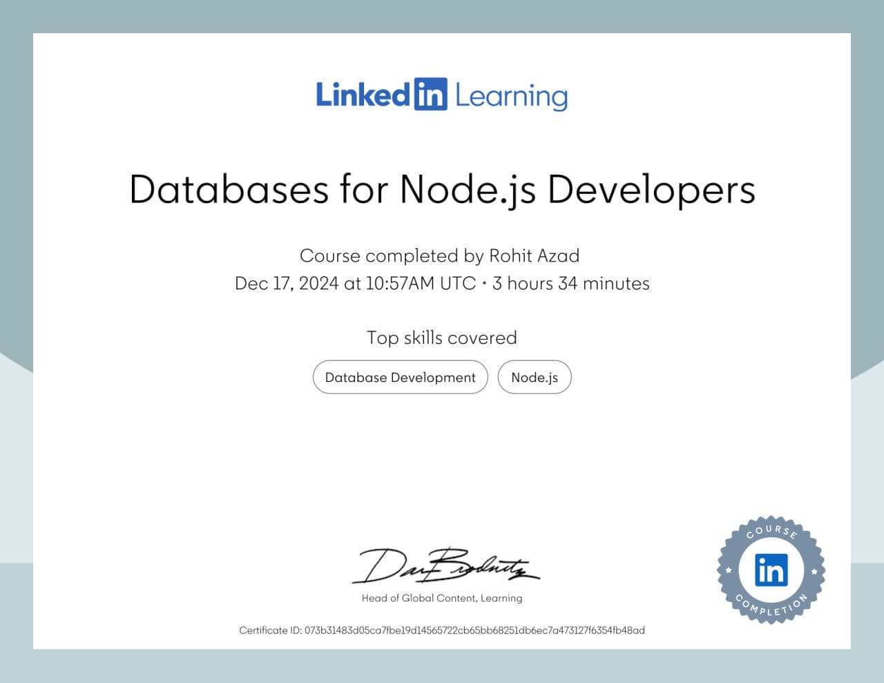 Databases for Node.js Developers certificate from LinkedIn Learning