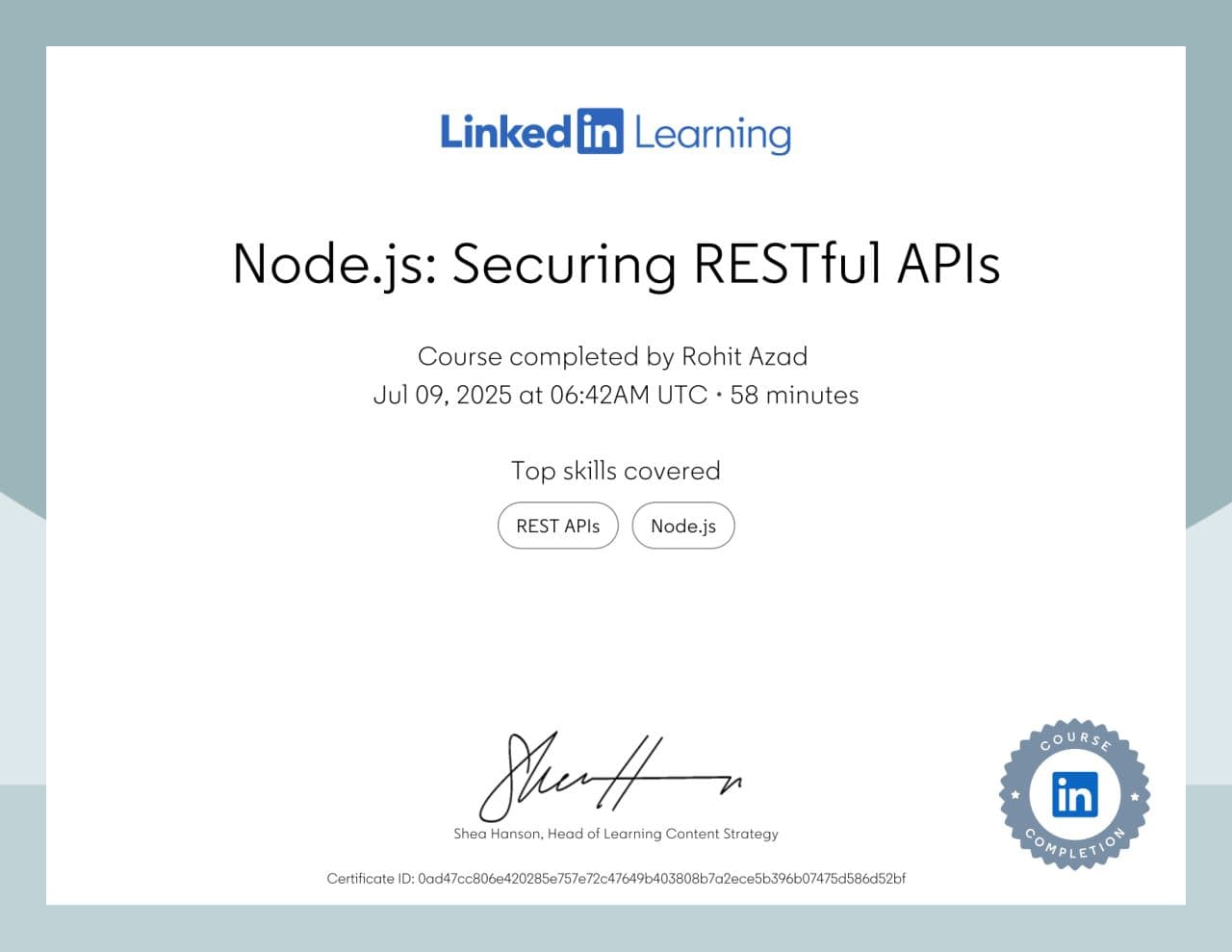 Node.js: Securing RESTful APIs certificate from LinkedIn Learning