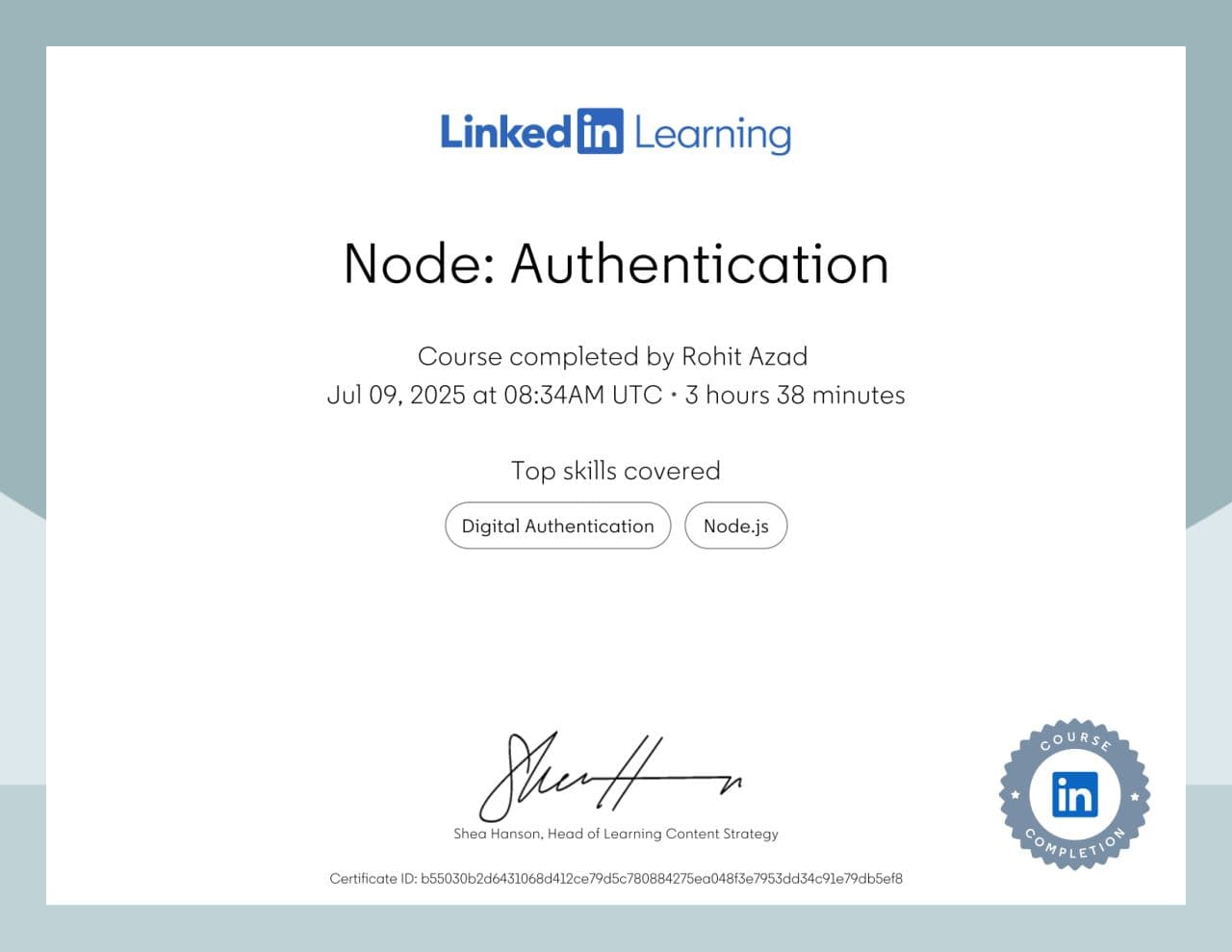 Node: Authentication certificate from LinkedIn Learning