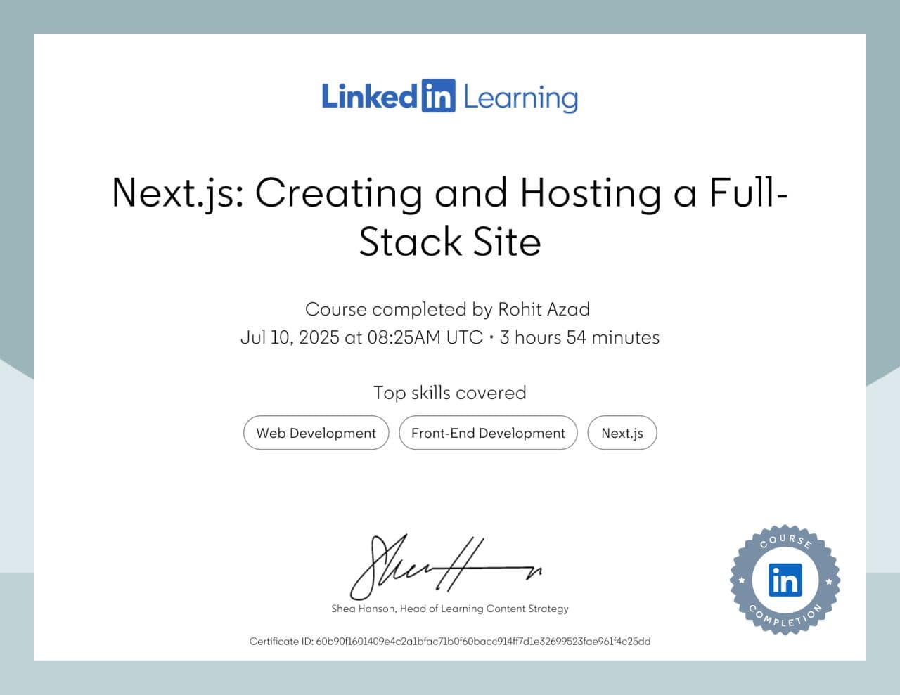 Next.js: Creating and Hosting a Full-Stack Site certificate from LinkedIn Learning